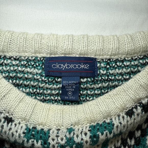 VTG Claybrooke Unisex Medium Sweater Cream Teal Navy Chunky Knit Long Sleeve - Picture 2 of 13